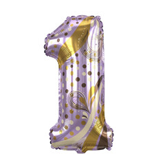 Elegant purple and gold patterned foil balloon, shaped as the number one, perfect for celebrating first birthdays, anniversaries, or significant milestone occasions with a festive touch