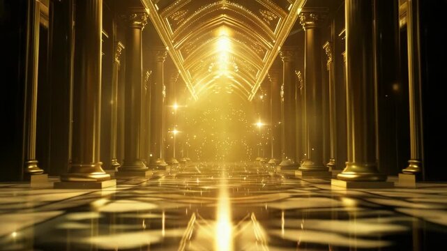 Grand hallway with sparkling lights and ornate golden pillars