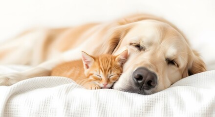 Golden retriever dog and ginger cat cuddling together on a white blanket