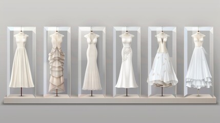 Vector realistic white wedding dresses displayed in frames on grey background, modern and vintage gown collection isolated illustration.