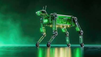 Futuristic green-lit quadruped robot dog with exposed metal joints and glowing LEDs. Concept Futuristic robot dog, Green-lit quadruped, Exposed metal joints, Glowing LEDs, Cyberpunk design