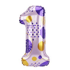 Festive number one foil balloon with a vibrant purple and gold polka dot pattern, perfect for a first birthday or anniversary celebration, isolated on a white background