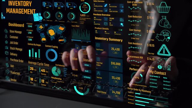 Inventory management dashboard showing supply chain performance, stock levels, order cycle times, cost reduction, and procurement ROI. Inventory tracking, and streamline warehouse efficiency. Thunk
