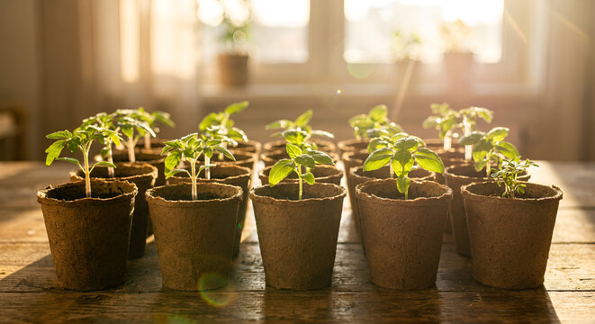 Young seedlings sprouting in biodegradable pots, arranged neatly on a wooden table, morning sunlight, minimal aesthetic, macro detail, soft bokeh.