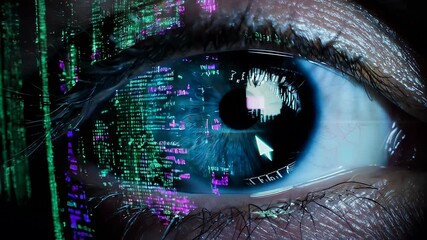 glitch effects in digital eye, reflected neon code and glitch artifacts in detailed iris imagery - Powered by Adobe