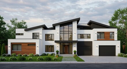 Modern White and Wood Luxury House with Slanted Roof and Garage home architecture