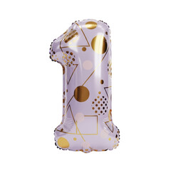 An elegant number one helium foil balloon featuring a modern geometric pattern of gold circles and squares on a light purple background, ideal for a first birthday or anniversary party decoration