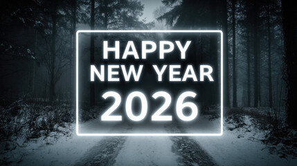 Glowing neon Happy New Year 2026 sign illuminating a dark snowy forest path in winter