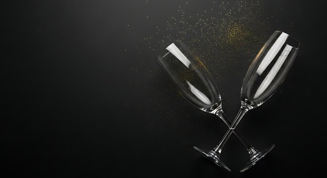 Elegant champagne glasses on black background with sparkling bubbles for celebration