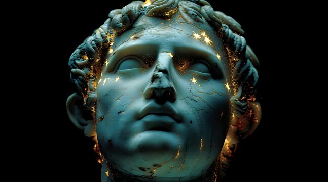 Cinematic close up of ancient marble statue head with glowing golden cracks and magical particles