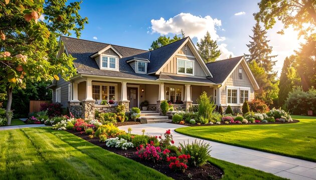 A charming, light-toned house with a lush green lawn and colorful flowerbeds under a sunny blue sky