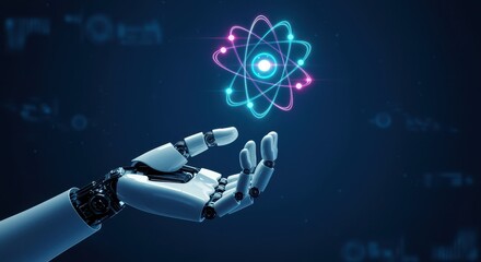 Robotic Hand Holding Glowing Atom Model with Digital Network Background robot hand atomic
