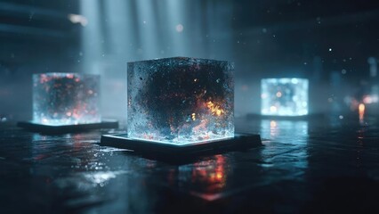 Three glowing ice cubes on small pedestals in a dark, misty room, their interiors glowing blue with orange sparks. Concept Glowing Ice Cubes, Blue and Orange Sparks, Dark Misty Room, Pedestals