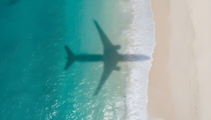 Aerial view of a passenger airplane flying low over a tropical beach and ocean