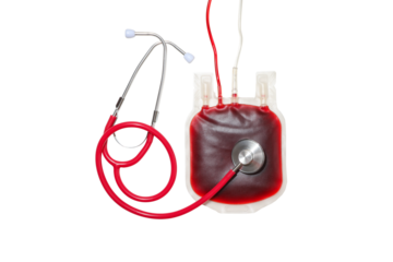 Stethoscope and blood bag isolated on white backdrop, PNG