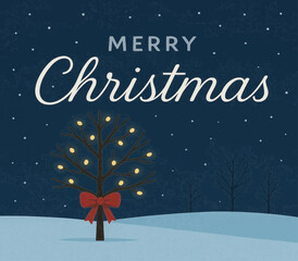 Fototapeta premium Minimalist Merry Christmas Tree Illustration with Lights and Snowy Night Background