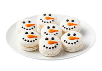 Cute Snowman Macarons on White Plate. Festive Winter Holiday French Desserts for Christmas Celebrations, Sweet Bakery Treats Isolated on White.