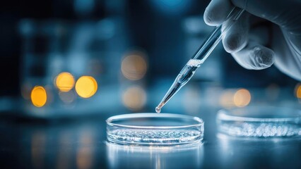 A gloved hand uses a pipette to drop a liquid droplet into a Petri dish in a laboratory. Concept Laboratory Work, Pipette and Droplet, Gloved Hand, Petri Dish, Scientific Experiment