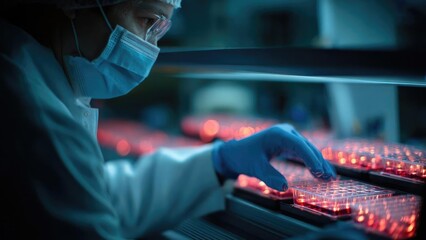 A lab scientist in PPE, wearing a mask and gloves, handles red-lit microplates in a laboratory. Concept Lab scientist in PPE under red lighting, Handling red-lit microplates