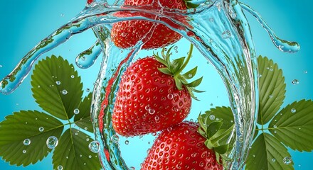 Illustration of fresh strawberries splashing into clear water with green leaves