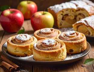 Homemade cinnamon rolls, freshly baked and dusted with powdered sugar, displayed with warm apple pastries and red apples on a rustic wooden table, a delightful cozy scene