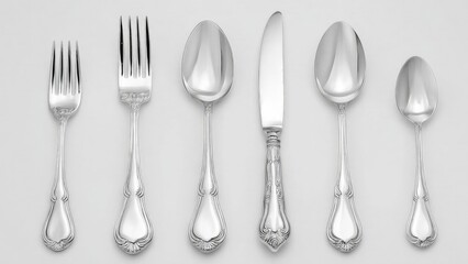 Six ornate silverware pieces&mdash;a small fork, a dinner fork, a large spoon, a knife, a soup spoon, and a teaspoon&mdash;lined up on a plain background. Concept Ornate silverware lineup