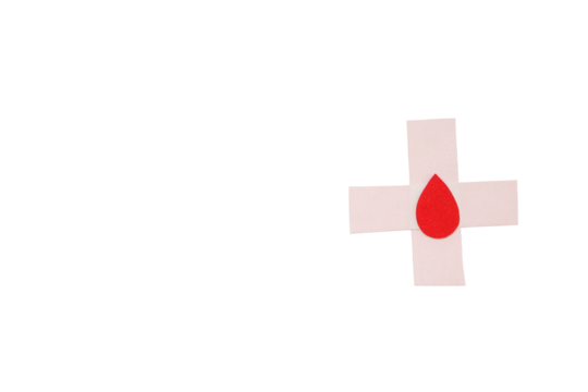 Red droplet on white cross representing blood donation, isolated, PNG