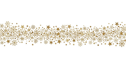 A horizontal, uninterrupted winter border strip on a transparent background, consisting of isolated gold snowflakes, stars, and dots.