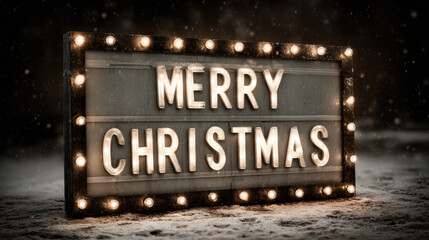 Retro illuminated marquee board with Merry Christmas text glowing warmly in falling snow at night