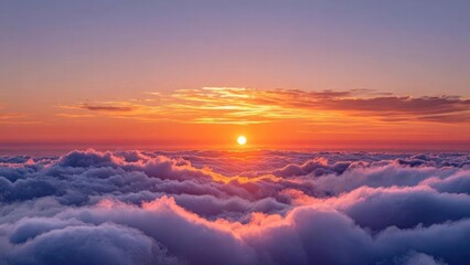 Sunset over a sea of clouds, with orange and pink hues lighting the horizon. Concept Sunset Photography, Sea of Clouds, Orange Pink Horizon, Golden Hour Lighting, Dreamy Skies