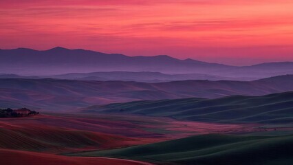Colorful desert dunes at sunset, pink and purple sky, distant mountains and a small settlement on the left. Concept Colorful desert dunes at sunset, Pink and purple sky, Distant mountains