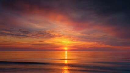Sunset over a calm sea with an orange-pink sky and the sun's reflection shimmering on the water. Concept Sunset Seascape, Calm Sea, Orange-Pink Sky, Sun Reflections, Tranquil Waters