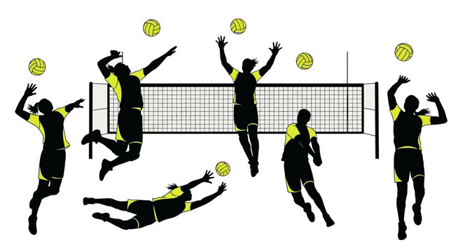 Dynamic volleyball team in action practicing skills and teamwork, perfect for sports marketing or athletic training visuals, showing energy and competition