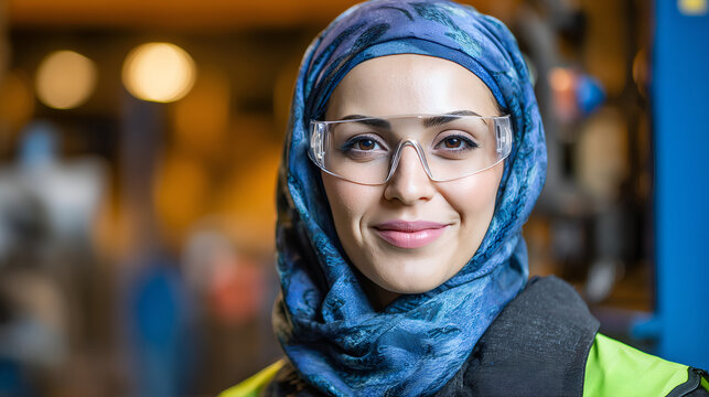 Confident woman engineer with safety glasses ready to work in manufacturing, promoting diversity and skilled trades in a modern industrial setting