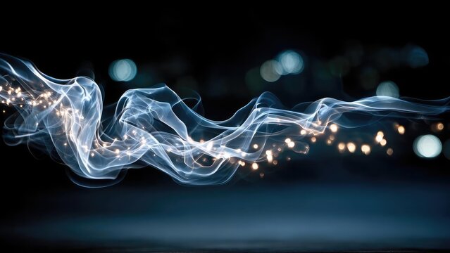 Blue smoke with tiny glowing sparks drifting across a dark background. Concept Blue Smoke and Glowing Sparks, Dark Backdrop Night Photography, Ethereal Mist with Sparkles, Neon Blue Color Palette