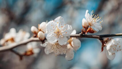 Obraz premium Close-up of white blossoms blooming on a branch with yellow stamens against a blurred blue background. Concept Close-Up Flowers, White Blossoms, Yellow Stamens, Blue Bokeh, Shallow Depth of Field