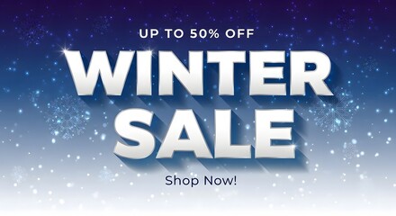 Illustration of winter sale up to 50% off, shop now with snow and sparkle background