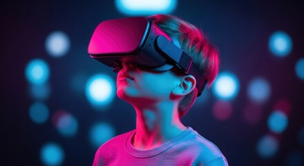 Young boy wearing VR headset immersed in colorful neon lights child virtual