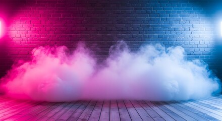 Illustration of smoke and fog illuminated by pink and blue neon lights on a brick wall