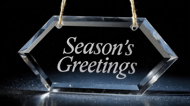 Elegant crystal sign engraved with “Season’s Greetings” hanging on a dark background with reflective highlights