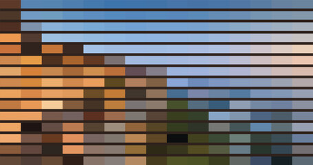Abstract pixelated landscape with warm tones and a cool sky