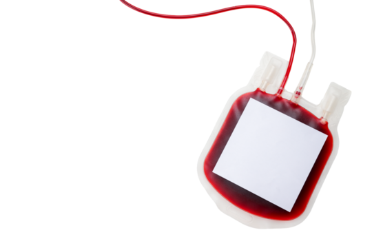 Blood bag with red liquid on white background, PNG