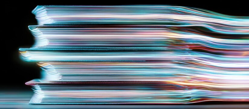 Books stacked with colorful pages.
