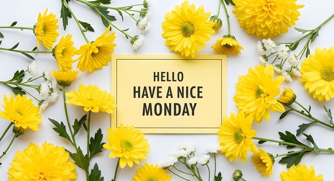 Illustration of yellow chrysanthemum flowers and a card with hello have a nice monday text