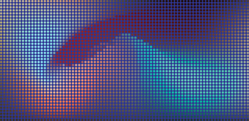 A visually striking abstract digital artwork featuring a blend of blue, purple, and orange hues with a distinct pixelated grid pattern