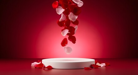 Illustration of red and white rose petals falling onto a white podium on a red background