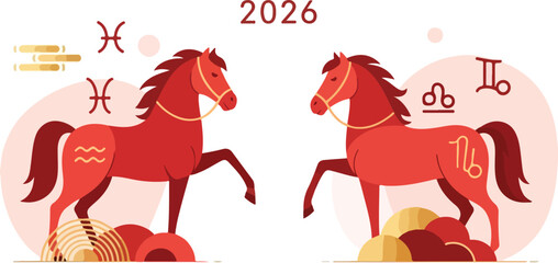 Two red horses face each other year 2026 above surrounded by astrological symbols