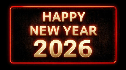 Bold golden text Happy New Year 2026 glowing inside a red neon frame against a dark textured background