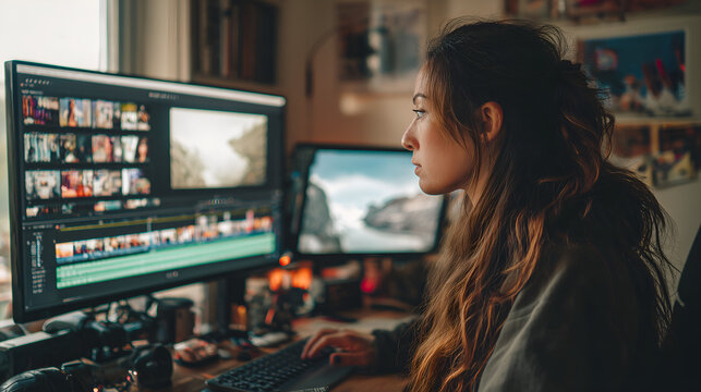 Passionate female video editor creating stunning content with modern software, bringing stories to life with dedication and focus in her creative workspace