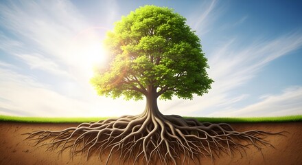 Illustration of a vibrant green tree with extensive roots, symbolizing growth and life
